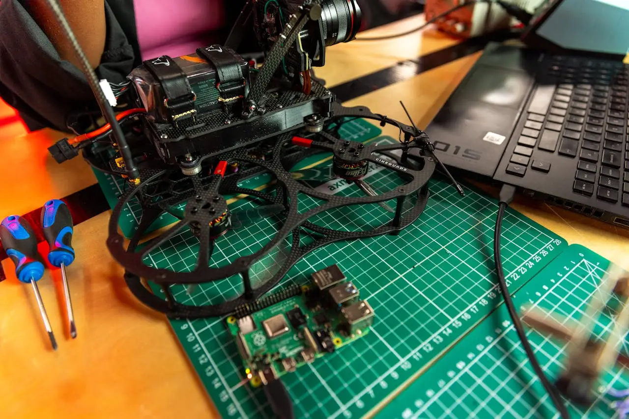 Drone assembly on a desk with laptop and tools, capturing modern tech.
